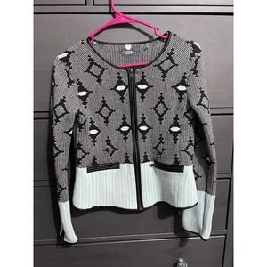 Margaret O'Leary S 100% cotton sweater jacket faux leather trim black aqua S